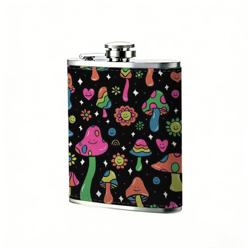 Colorful cartoon mushroom pattern 8oz Stainless Steel Whiskey Flask with Fashionable pattern print Design - Portable Outdoor Camping & Hunting Flask, Perfect for Tequila, Whiskey, and Spirits - Unique Father'S Day Christmas Gift