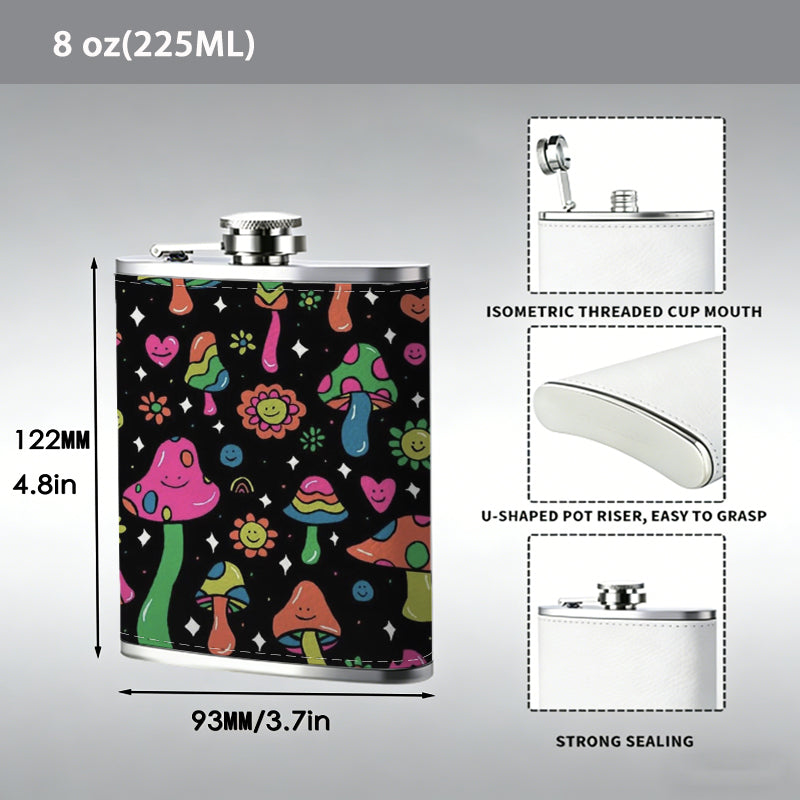 Colorful cartoon mushroom pattern 8oz Stainless Steel Whiskey Flask with Fashionable pattern print Design - Portable Outdoor Camping & Hunting Flask, Perfect for Tequila, Whiskey, and Spirits - Unique Father'S Day Christmas Gift