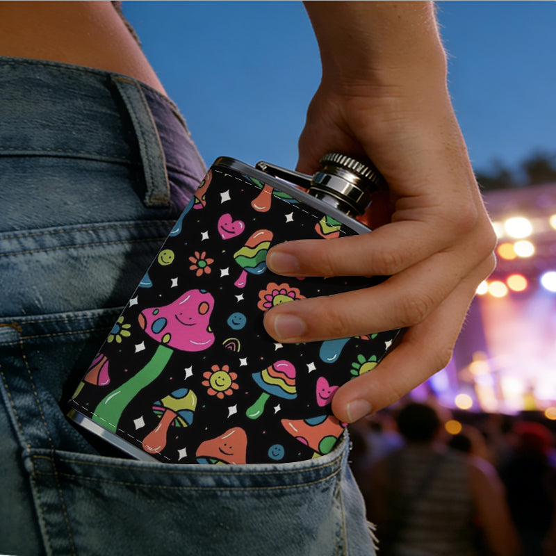 Colorful cartoon mushroom pattern 8oz Stainless Steel Whiskey Flask with Fashionable pattern print Design - Portable Outdoor Camping & Hunting Flask, Perfect for Tequila, Whiskey, and Spirits - Unique Father'S Day Christmas Gift