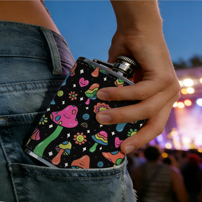 Colorful cartoon mushroom pattern 8oz Stainless Steel Whiskey Flask with Fashionable pattern print Design - Portable Outdoor Camping & Hunting Flask, Perfect for Tequila, Whiskey, and Spirits - Unique Father'S Day Christmas Gift