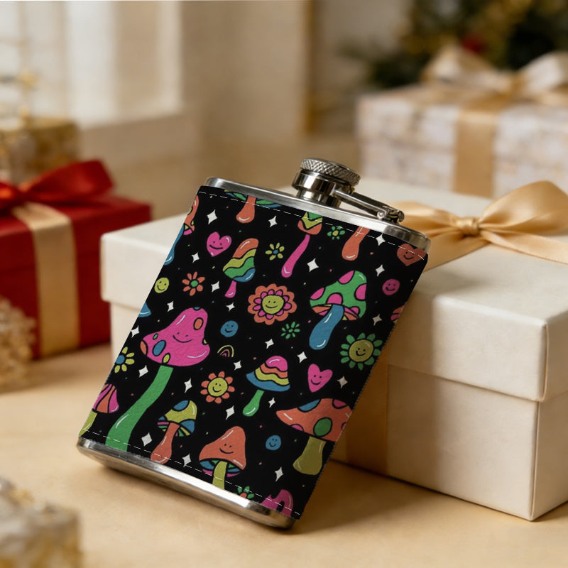 Colorful cartoon mushroom pattern 8oz Stainless Steel Whiskey Flask with Fashionable pattern print Design - Portable Outdoor Camping & Hunting Flask, Perfect for Tequila, Whiskey, and Spirits - Unique Father'S Day Christmas Gift