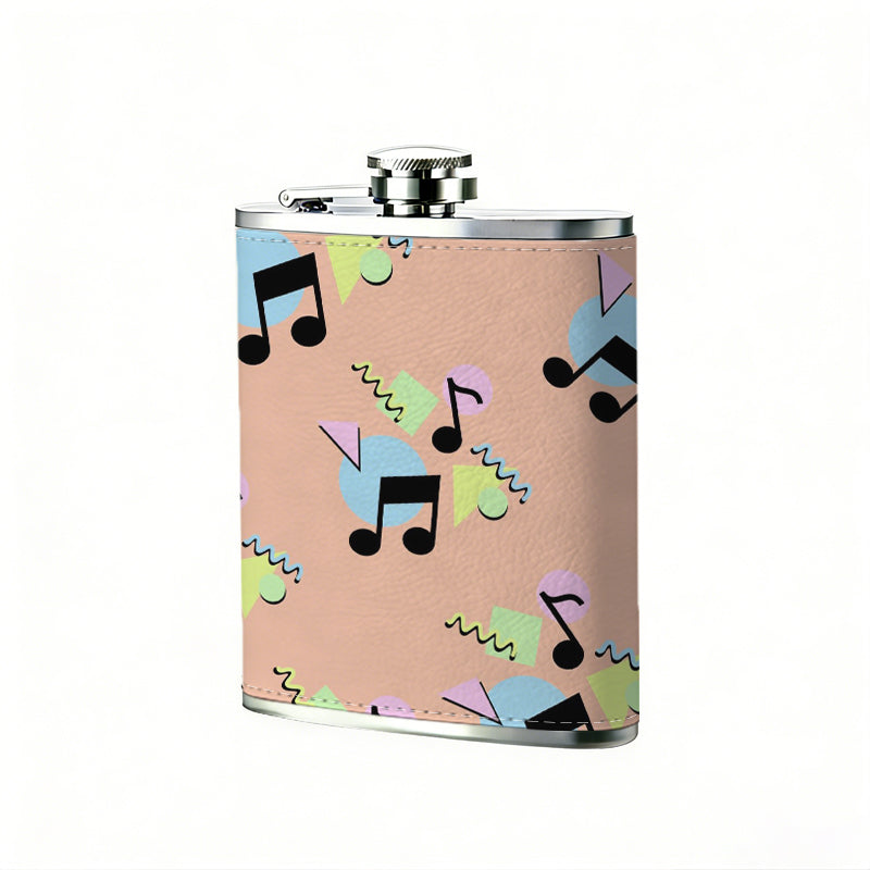 Colorful musical notes on pink background 8oz Stainless Steel Whiskey Flask with Fashionable pattern print Design - Portable Outdoor Camping & Hunting Flask, Perfect for Tequila, Whiskey, and Spirits - Unique Father'S Day Christmas Gift