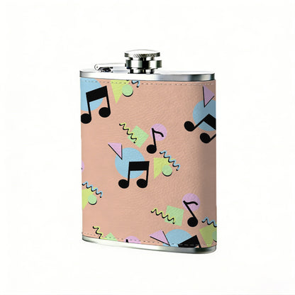 Colorful musical notes on pink background 8oz Stainless Steel Whiskey Flask with Fashionable pattern print Design - Portable Outdoor Camping & Hunting Flask, Perfect for Tequila, Whiskey, and Spirits - Unique Father'S Day Christmas Gift