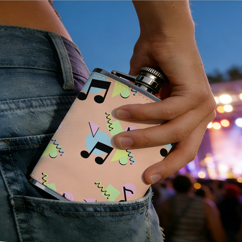 Colorful musical notes on pink background 8oz Stainless Steel Whiskey Flask with Fashionable pattern print Design - Portable Outdoor Camping & Hunting Flask, Perfect for Tequila, Whiskey, and Spirits - Unique Father'S Day Christmas Gift