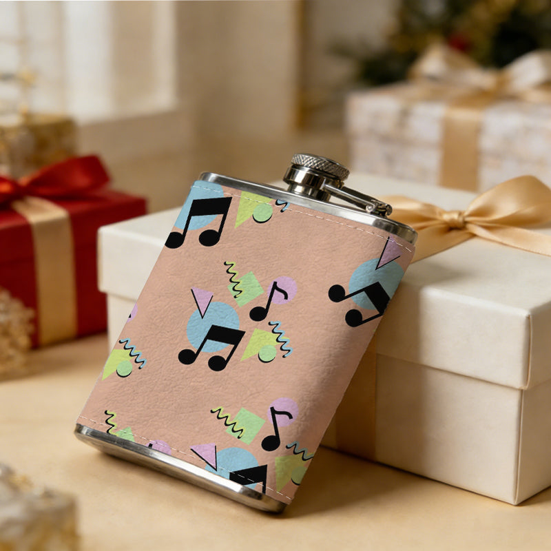 Colorful musical notes on pink background 8oz Stainless Steel Whiskey Flask with Fashionable pattern print Design - Portable Outdoor Camping & Hunting Flask, Perfect for Tequila, Whiskey, and Spirits - Unique Father'S Day Christmas Gift