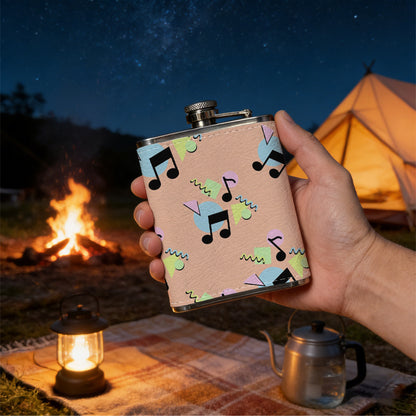 Colorful musical notes on pink background 8oz Stainless Steel Whiskey Flask with Fashionable pattern print Design - Portable Outdoor Camping & Hunting Flask, Perfect for Tequila, Whiskey, and Spirits - Unique Father'S Day Christmas Gift