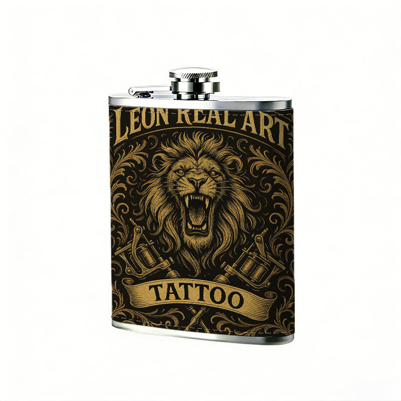 Roaring lion tattoo studio logo 8oz Stainless Steel Whiskey Flask with Fashionable pattern print Design - Portable Outdoor Camping & Hunting Flask, Perfect for Tequila, Whiskey, and Spirits - Unique Father'S Day Christmas Gift