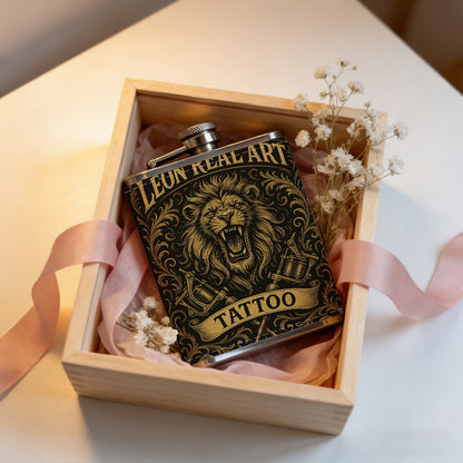 Roaring lion tattoo studio logo 8oz Stainless Steel Whiskey Flask with Fashionable pattern print Design - Portable Outdoor Camping & Hunting Flask, Perfect for Tequila, Whiskey, and Spirits - Unique Father'S Day Christmas Gift