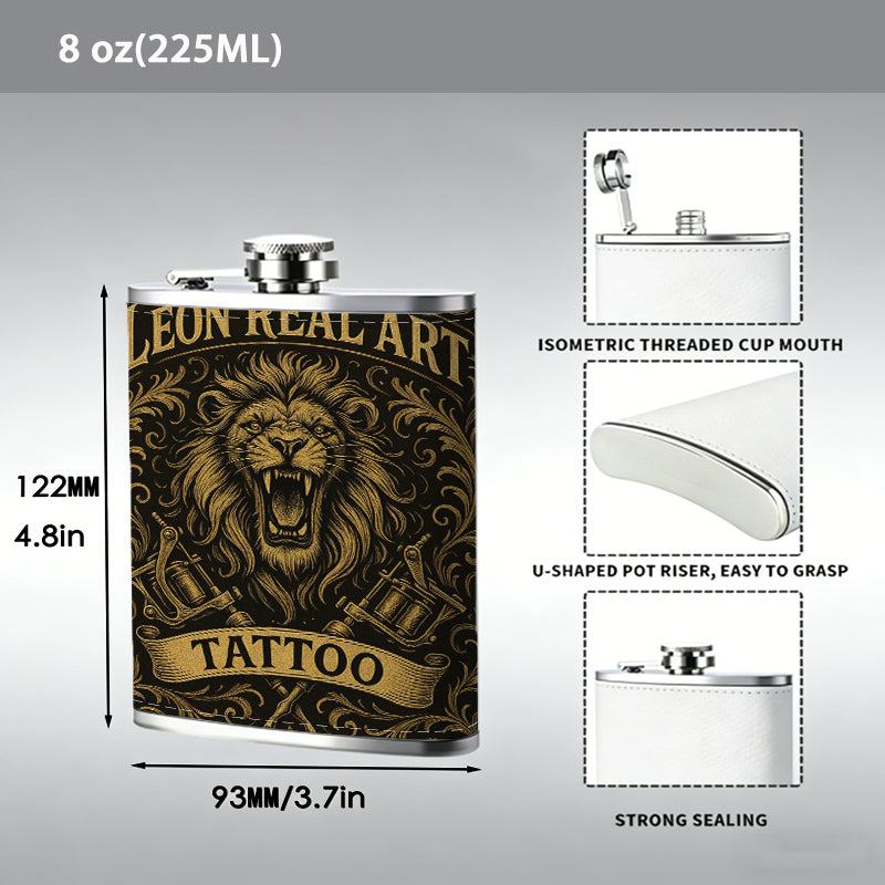 Roaring lion tattoo studio logo 8oz Stainless Steel Whiskey Flask with Fashionable pattern print Design - Portable Outdoor Camping & Hunting Flask, Perfect for Tequila, Whiskey, and Spirits - Unique Father'S Day Christmas Gift