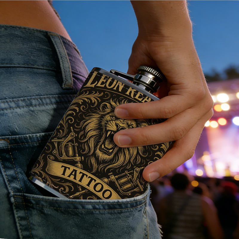 Roaring lion tattoo studio logo 8oz Stainless Steel Whiskey Flask with Fashionable pattern print Design - Portable Outdoor Camping & Hunting Flask, Perfect for Tequila, Whiskey, and Spirits - Unique Father'S Day Christmas Gift