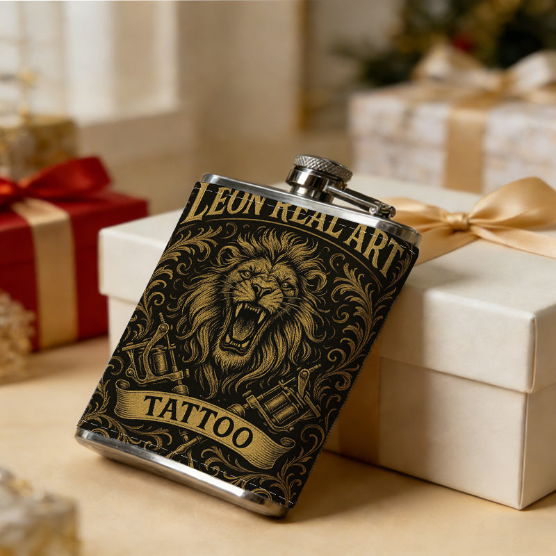 Roaring lion tattoo studio logo 8oz Stainless Steel Whiskey Flask with Fashionable pattern print Design - Portable Outdoor Camping & Hunting Flask, Perfect for Tequila, Whiskey, and Spirits - Unique Father'S Day Christmas Gift