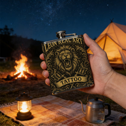 Roaring lion tattoo studio logo 8oz Stainless Steel Whiskey Flask with Fashionable pattern print Design - Portable Outdoor Camping & Hunting Flask, Perfect for Tequila, Whiskey, and Spirits - Unique Father'S Day Christmas Gift