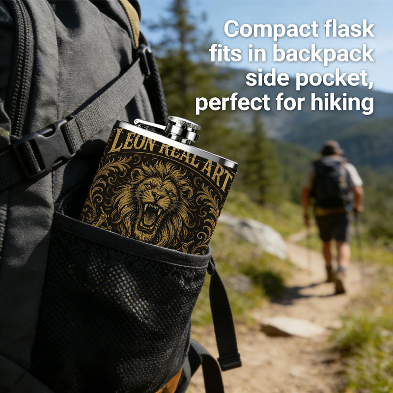Roaring lion tattoo studio logo 8oz Stainless Steel Whiskey Flask with Fashionable pattern print Design - Portable Outdoor Camping & Hunting Flask, Perfect for Tequila, Whiskey, and Spirits - Unique Father'S Day Christmas Gift