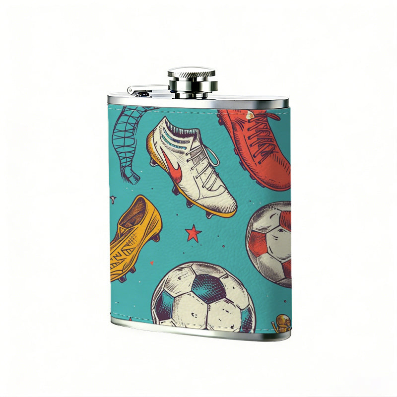 Soccer balls, cleats and trophies 8oz Stainless Steel Whiskey Flask with Fashionable pattern print Design - Portable Outdoor Camping & Hunting Flask, Perfect for Tequila, Whiskey, and Spirits - Unique Father'S Day Christmas Gift