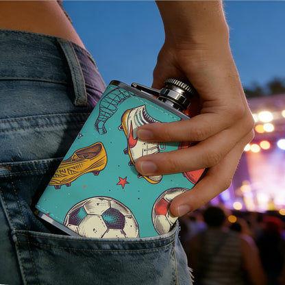 Soccer balls, cleats and trophies 8oz Stainless Steel Whiskey Flask with Fashionable pattern print Design - Portable Outdoor Camping & Hunting Flask, Perfect for Tequila, Whiskey, and Spirits - Unique Father'S Day Christmas Gift