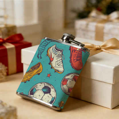 Soccer balls, cleats and trophies 8oz Stainless Steel Whiskey Flask with Fashionable pattern print Design - Portable Outdoor Camping & Hunting Flask, Perfect for Tequila, Whiskey, and Spirits - Unique Father'S Day Christmas Gift