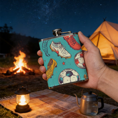 Soccer balls, cleats and trophies 8oz Stainless Steel Whiskey Flask with Fashionable pattern print Design - Portable Outdoor Camping & Hunting Flask, Perfect for Tequila, Whiskey, and Spirits - Unique Father'S Day Christmas Gift
