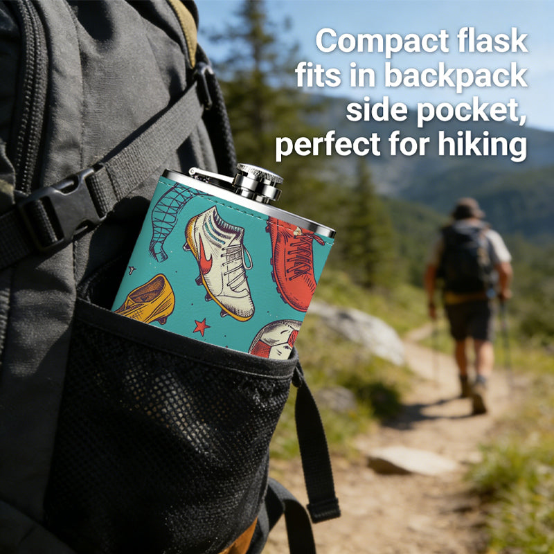 Soccer balls, cleats and trophies 8oz Stainless Steel Whiskey Flask with Fashionable pattern print Design - Portable Outdoor Camping & Hunting Flask, Perfect for Tequila, Whiskey, and Spirits - Unique Father'S Day Christmas Gift
