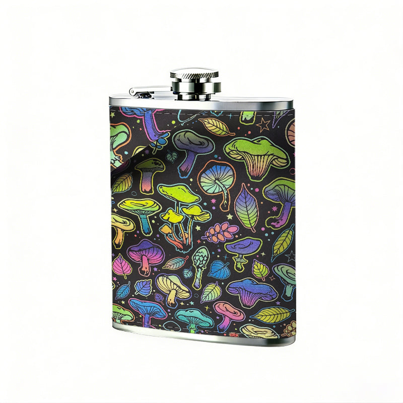 Colorful iridescent mushrooms 8oz Stainless Steel Whiskey Flask with Fashionable pattern print Design - Portable Outdoor Camping & Hunting Flask, Perfect for Tequila, Whiskey, and Spirits - Unique Father'S Day Christmas Gift