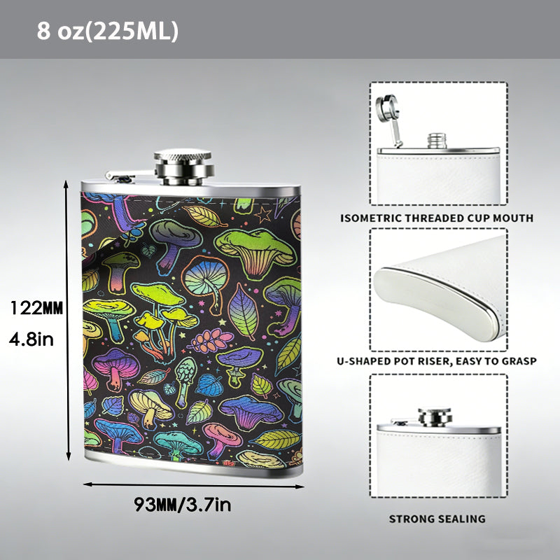 Colorful iridescent mushrooms 8oz Stainless Steel Whiskey Flask with Fashionable pattern print Design - Portable Outdoor Camping & Hunting Flask, Perfect for Tequila, Whiskey, and Spirits - Unique Father'S Day Christmas Gift