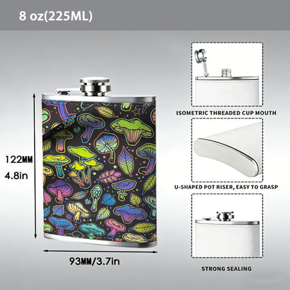 Colorful iridescent mushrooms 8oz Stainless Steel Whiskey Flask with Fashionable pattern print Design - Portable Outdoor Camping & Hunting Flask, Perfect for Tequila, Whiskey, and Spirits - Unique Father'S Day Christmas Gift