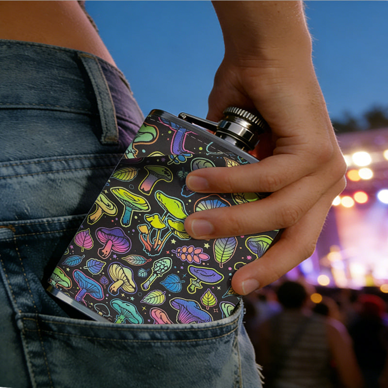 Colorful iridescent mushrooms 8oz Stainless Steel Whiskey Flask with Fashionable pattern print Design - Portable Outdoor Camping & Hunting Flask, Perfect for Tequila, Whiskey, and Spirits - Unique Father'S Day Christmas Gift