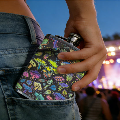Colorful iridescent mushrooms 8oz Stainless Steel Whiskey Flask with Fashionable pattern print Design - Portable Outdoor Camping & Hunting Flask, Perfect for Tequila, Whiskey, and Spirits - Unique Father'S Day Christmas Gift
