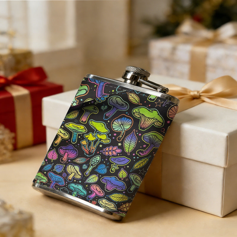 Colorful iridescent mushrooms 8oz Stainless Steel Whiskey Flask with Fashionable pattern print Design - Portable Outdoor Camping & Hunting Flask, Perfect for Tequila, Whiskey, and Spirits - Unique Father'S Day Christmas Gift