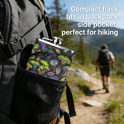 Colorful iridescent mushrooms 8oz Stainless Steel Whiskey Flask with Fashionable pattern print Design - Portable Outdoor Camping & Hunting Flask, Perfect for Tequila, Whiskey, and Spirits - Unique Father'S Day Christmas Gift