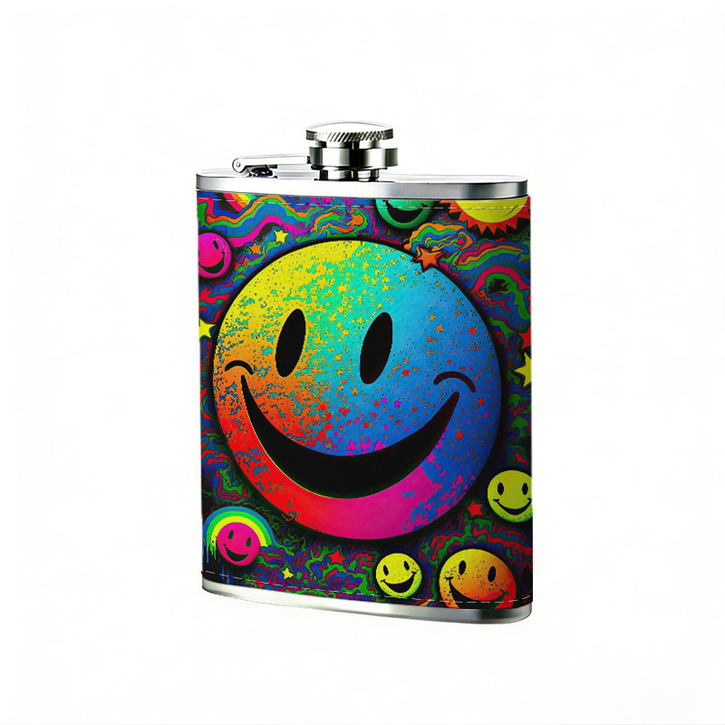 Rainbow neon smiley faces pattern 8oz Stainless Steel Whiskey Flask with Fashionable pattern print Design - Portable Outdoor Camping & Hunting Flask, Perfect for Tequila, Whiskey, and Spirits - Unique Father'S Day Christmas Gift