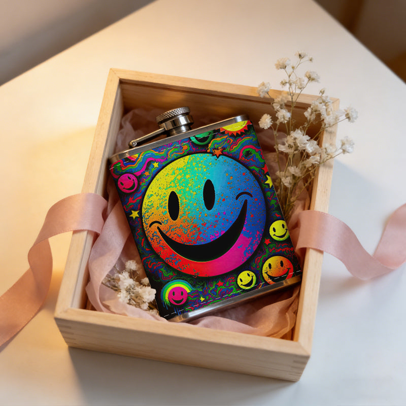 Rainbow neon smiley faces pattern 8oz Stainless Steel Whiskey Flask with Fashionable pattern print Design - Portable Outdoor Camping & Hunting Flask, Perfect for Tequila, Whiskey, and Spirits - Unique Father'S Day Christmas Gift