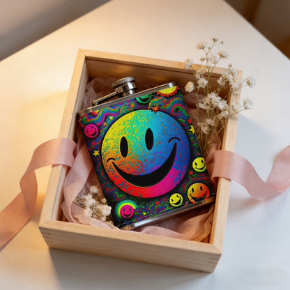 Rainbow neon smiley faces pattern 8oz Stainless Steel Whiskey Flask with Fashionable pattern print Design - Portable Outdoor Camping & Hunting Flask, Perfect for Tequila, Whiskey, and Spirits - Unique Father'S Day Christmas Gift