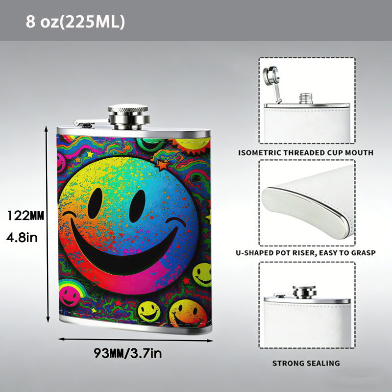 Rainbow neon smiley faces pattern 8oz Stainless Steel Whiskey Flask with Fashionable pattern print Design - Portable Outdoor Camping & Hunting Flask, Perfect for Tequila, Whiskey, and Spirits - Unique Father'S Day Christmas Gift