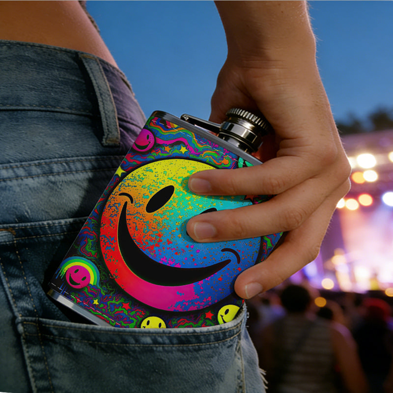 Rainbow neon smiley faces pattern 8oz Stainless Steel Whiskey Flask with Fashionable pattern print Design - Portable Outdoor Camping & Hunting Flask, Perfect for Tequila, Whiskey, and Spirits - Unique Father'S Day Christmas Gift