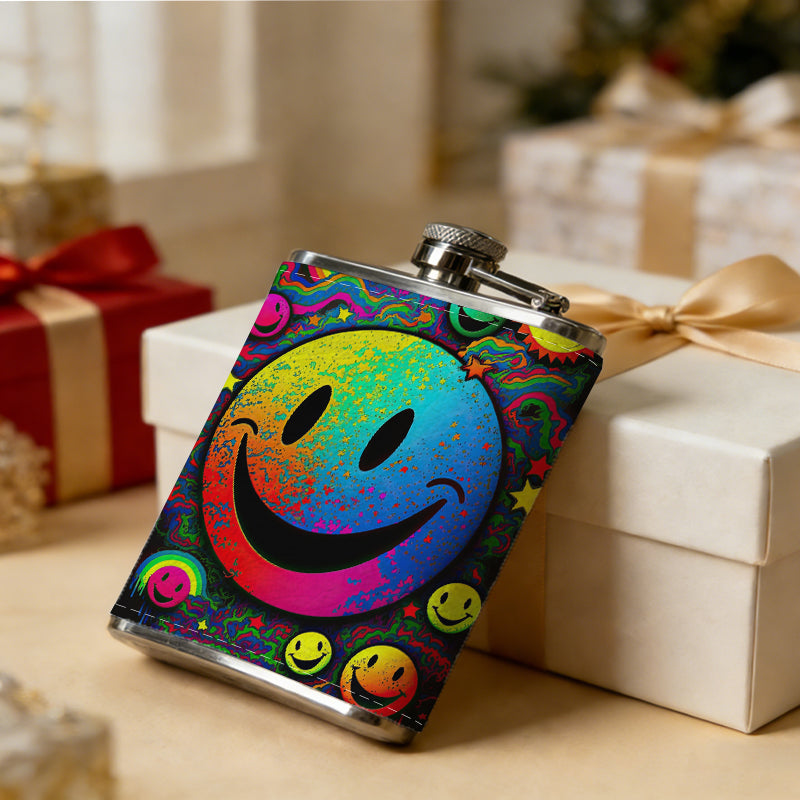 Rainbow neon smiley faces pattern 8oz Stainless Steel Whiskey Flask with Fashionable pattern print Design - Portable Outdoor Camping & Hunting Flask, Perfect for Tequila, Whiskey, and Spirits - Unique Father'S Day Christmas Gift