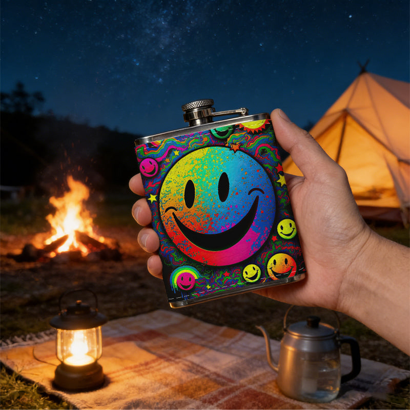 Rainbow neon smiley faces pattern 8oz Stainless Steel Whiskey Flask with Fashionable pattern print Design - Portable Outdoor Camping & Hunting Flask, Perfect for Tequila, Whiskey, and Spirits - Unique Father'S Day Christmas Gift