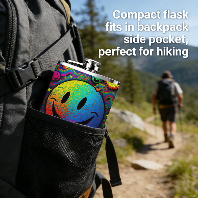 Rainbow neon smiley faces pattern 8oz Stainless Steel Whiskey Flask with Fashionable pattern print Design - Portable Outdoor Camping & Hunting Flask, Perfect for Tequila, Whiskey, and Spirits - Unique Father'S Day Christmas Gift