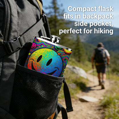 Rainbow neon smiley faces pattern 8oz Stainless Steel Whiskey Flask with Fashionable pattern print Design - Portable Outdoor Camping & Hunting Flask, Perfect for Tequila, Whiskey, and Spirits - Unique Father'S Day Christmas Gift