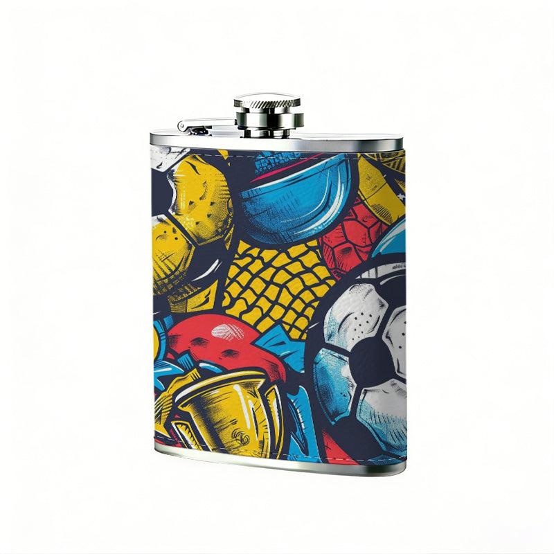 Colorful soccer balls and trophy art 8oz Stainless Steel Whiskey Flask with Fashionable pattern print Design - Portable Outdoor Camping & Hunting Flask, Perfect for Tequila, Whiskey, and Spirits - Unique Father'S Day Christmas Gift