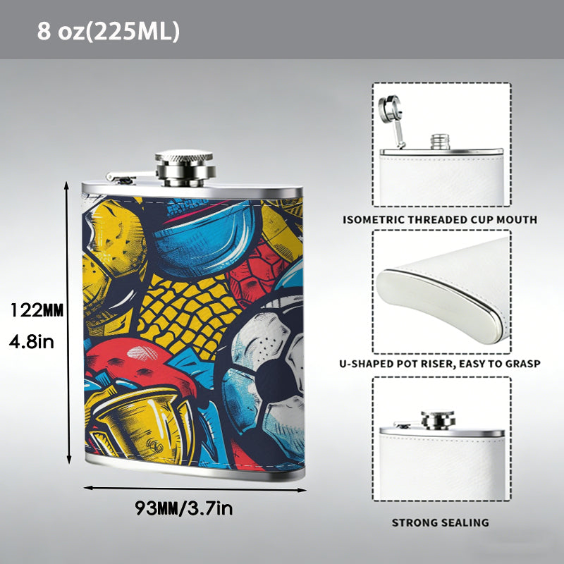 Colorful soccer balls and trophy art 8oz Stainless Steel Whiskey Flask with Fashionable pattern print Design - Portable Outdoor Camping & Hunting Flask, Perfect for Tequila, Whiskey, and Spirits - Unique Father'S Day Christmas Gift