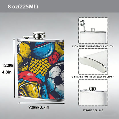 Colorful soccer balls and trophy art 8oz Stainless Steel Whiskey Flask with Fashionable pattern print Design - Portable Outdoor Camping & Hunting Flask, Perfect for Tequila, Whiskey, and Spirits - Unique Father'S Day Christmas Gift