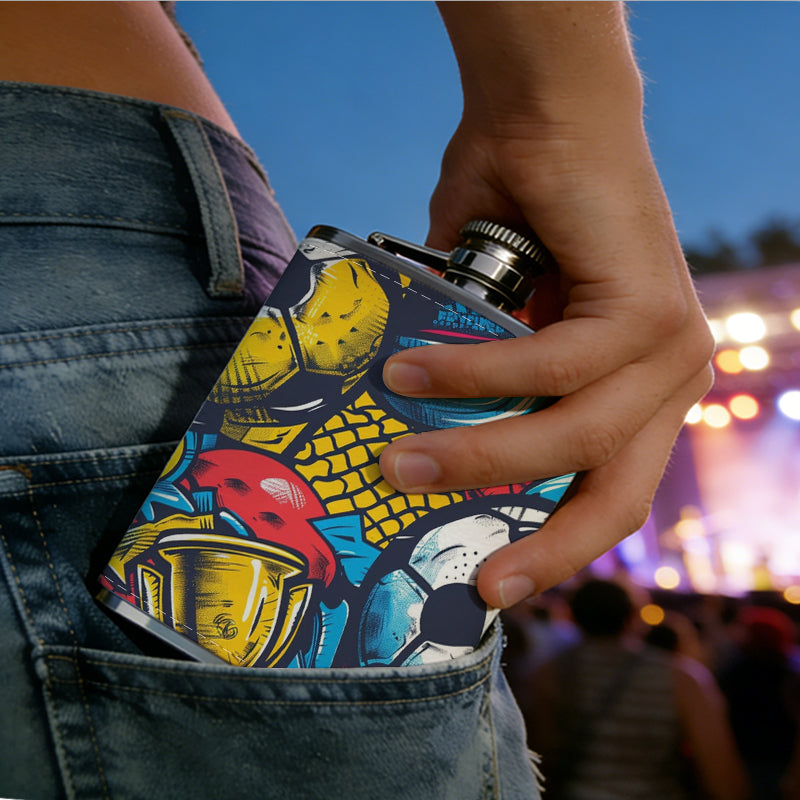 Colorful soccer balls and trophy art 8oz Stainless Steel Whiskey Flask with Fashionable pattern print Design - Portable Outdoor Camping & Hunting Flask, Perfect for Tequila, Whiskey, and Spirits - Unique Father'S Day Christmas Gift