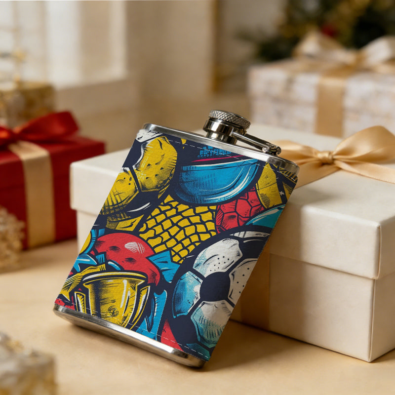 Colorful soccer balls and trophy art 8oz Stainless Steel Whiskey Flask with Fashionable pattern print Design - Portable Outdoor Camping & Hunting Flask, Perfect for Tequila, Whiskey, and Spirits - Unique Father'S Day Christmas Gift