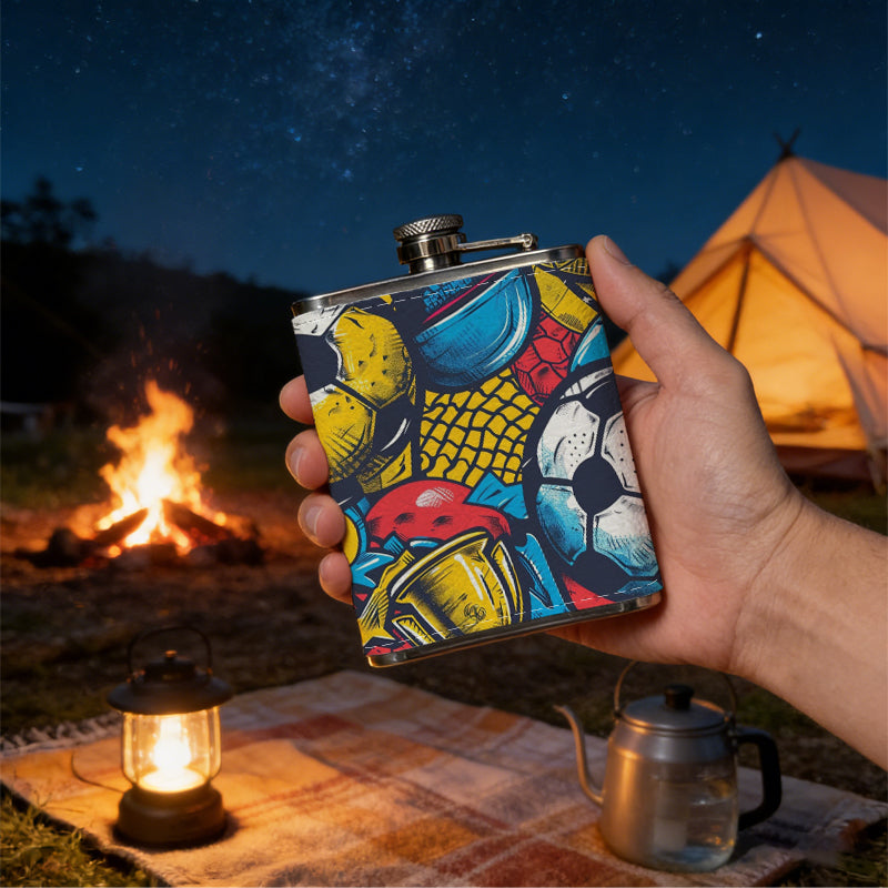 Colorful soccer balls and trophy art 8oz Stainless Steel Whiskey Flask with Fashionable pattern print Design - Portable Outdoor Camping & Hunting Flask, Perfect for Tequila, Whiskey, and Spirits - Unique Father'S Day Christmas Gift