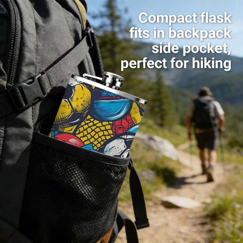 Colorful soccer balls and trophy art 8oz Stainless Steel Whiskey Flask with Fashionable pattern print Design - Portable Outdoor Camping & Hunting Flask, Perfect for Tequila, Whiskey, and Spirits - Unique Father'S Day Christmas Gift