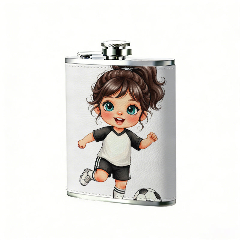 A cartoon girl playing football 8oz Stainless Steel Whiskey Flask with Fashionable pattern print Design - Portable Outdoor Camping & Hunting Flask, Perfect for Tequila, Whiskey, and Spirits - Unique Father'S Day Christmas Gift