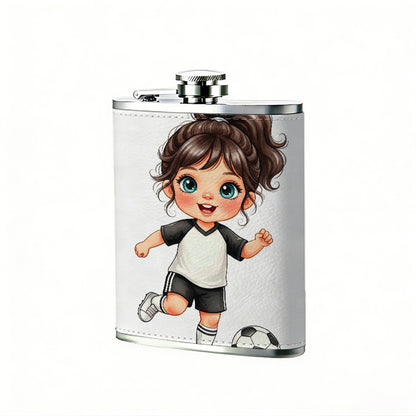 A cartoon girl playing football 8oz Stainless Steel Whiskey Flask with Fashionable pattern print Design - Portable Outdoor Camping & Hunting Flask, Perfect for Tequila, Whiskey, and Spirits - Unique Father'S Day Christmas Gift