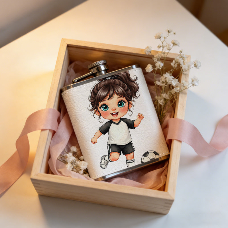 A cartoon girl playing football 8oz Stainless Steel Whiskey Flask with Fashionable pattern print Design - Portable Outdoor Camping & Hunting Flask, Perfect for Tequila, Whiskey, and Spirits - Unique Father'S Day Christmas Gift