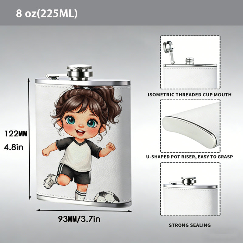 A cartoon girl playing football 8oz Stainless Steel Whiskey Flask with Fashionable pattern print Design - Portable Outdoor Camping & Hunting Flask, Perfect for Tequila, Whiskey, and Spirits - Unique Father'S Day Christmas Gift