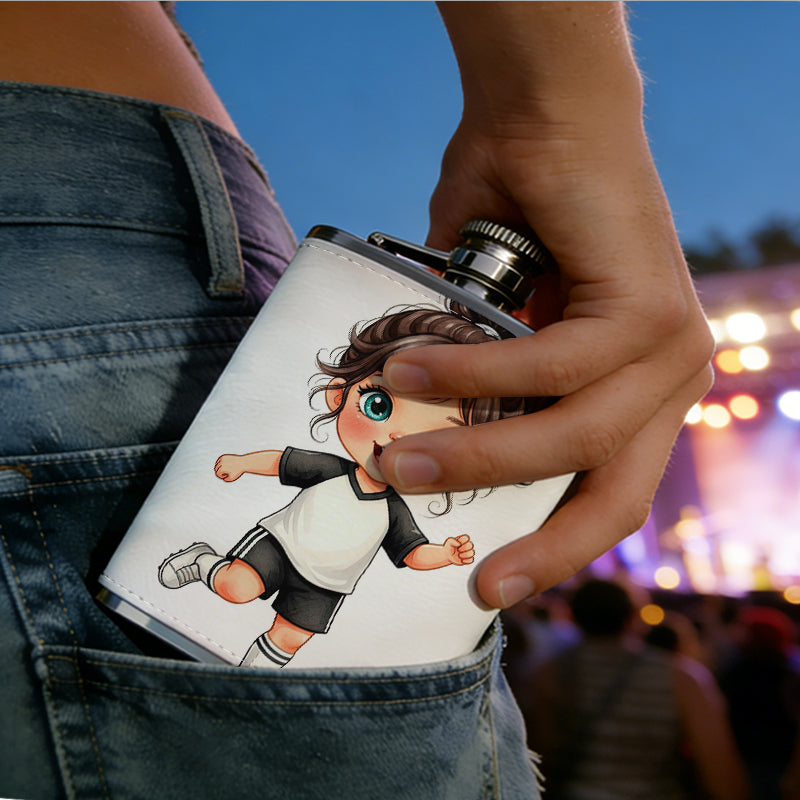 A cartoon girl playing football 8oz Stainless Steel Whiskey Flask with Fashionable pattern print Design - Portable Outdoor Camping & Hunting Flask, Perfect for Tequila, Whiskey, and Spirits - Unique Father'S Day Christmas Gift